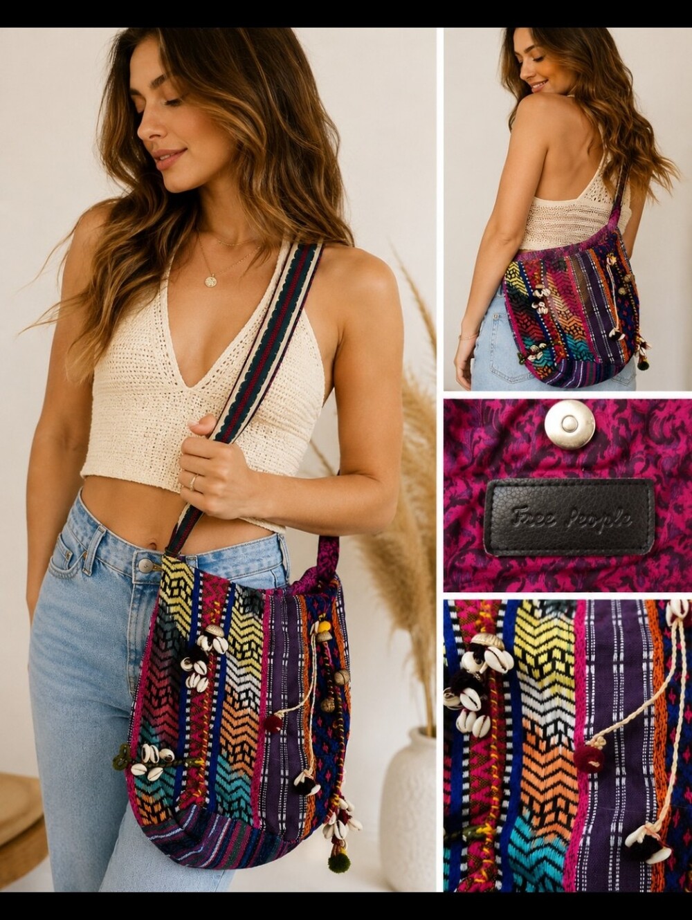Free People Purple Multicolor Boho Crossbody Shoulder Bag